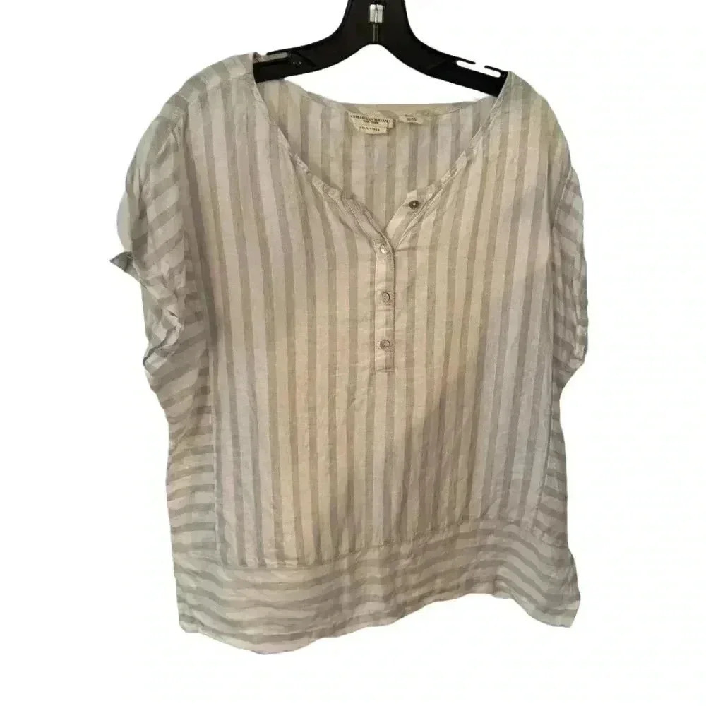 Christian Siriano women’s LINEN white & gray striped top button front size XL